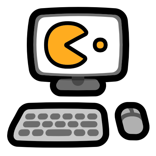 A grey monitor displaying a yellow Pac-Man symbol on a white screen, a grey keyboard, and a grey mouse
